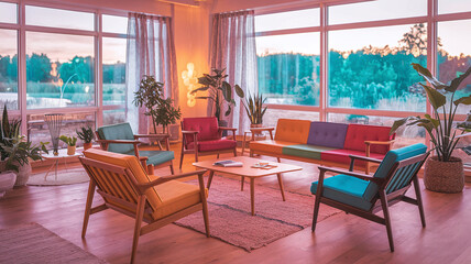 Obraz premium Mid century, scandinavian interior design of modern living room with colorful multicolored furniture