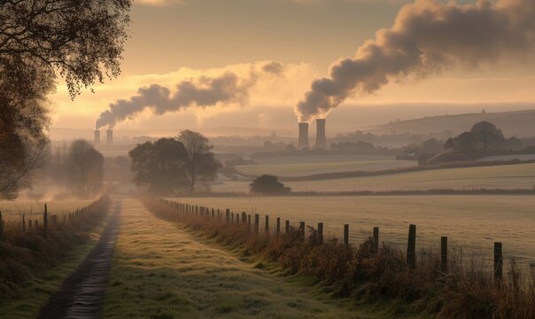 Industrial landscape with smoke stacks at sunrise over misty countryside