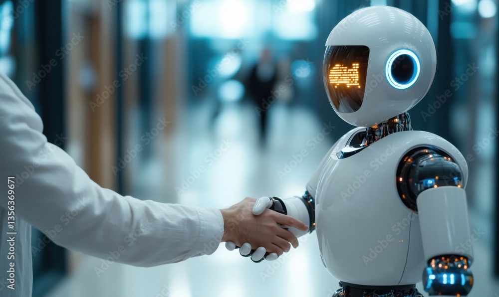 Poster robot shaking hands with human in modern office environment showcasing ai interaction