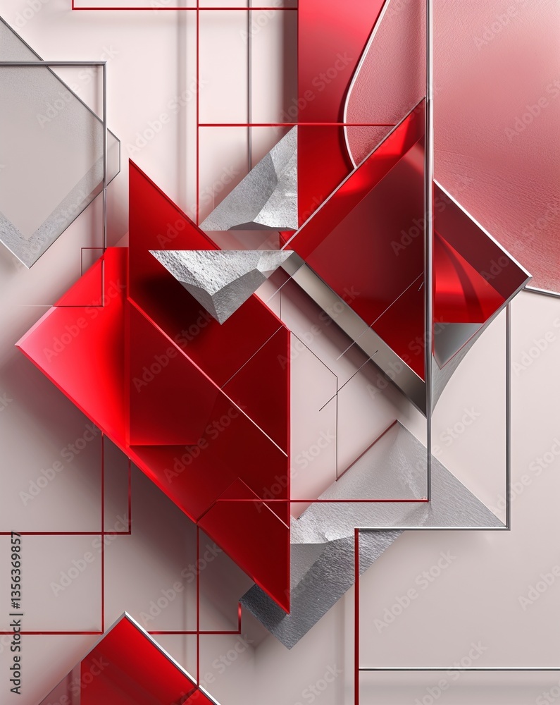 Poster red with silver transparent geometric shapes layer abstract background for card or greeting template