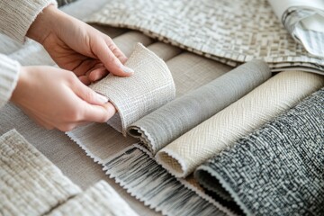 Interior designer examining fabric swatches. Hands carefully hold a piece of fabric, comparing it with other samples. Neutral tones and textures