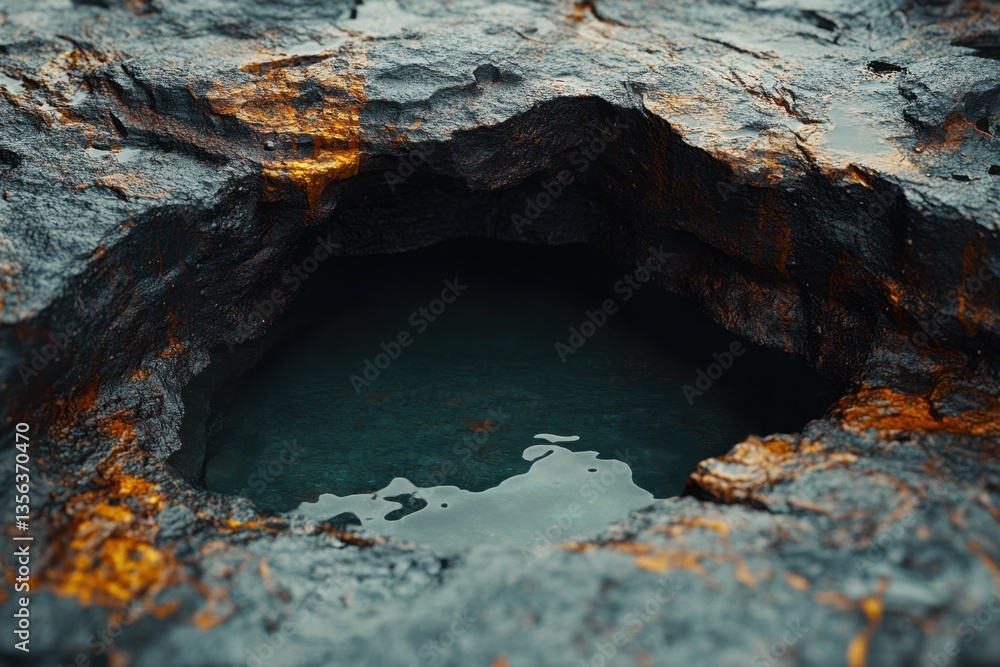 Poster tranquil water in a natural rock pool with golden accents reflecting the light creating a serene and