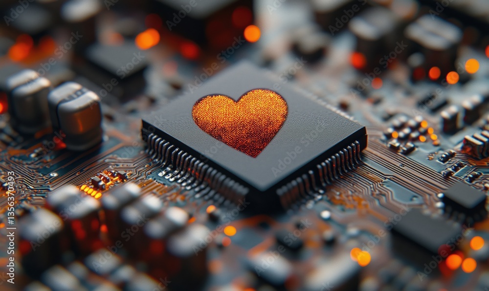 Poster heart symbol on microchip circuit board representing technology and love connection