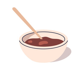 Chocolate syrup served in bowl with spoon. Sweet melted cocoa spread, liquid choco. Confectionery topping, cream for desserts, treats. Flat graphic vector illustration isolated on white background