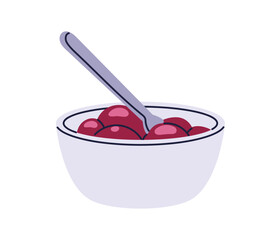Berry marmalade in bowl with spoon. Sweet cherry jam, delicious homemade preserve. Natural dessert, jelly confiture, seasonal treat. Flat graphic vector illustration isolated on white background