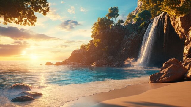 Secluded beach waterfall cascading into turquoise waters at sunset