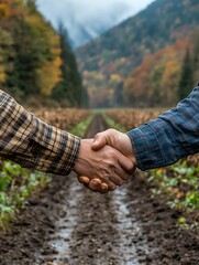 Two people shaking hands in a field of crops