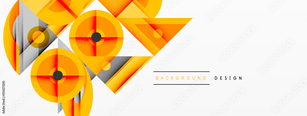 Poster Geometric abstract composition with intersecting shapes, circles, triangles, and gradients, blending vibrant colors and dynamic contrasts to create a modern, futuristic visual design
