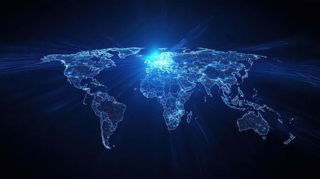 A digital world map glowing in blue light, representing global connectivity and technology's impact on the planet