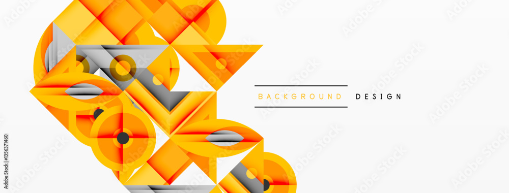 Poster Geometric abstract composition with intersecting shapes, circles, triangles, and gradients, blending vibrant colors and dynamic contrasts to create a modern, futuristic visual design