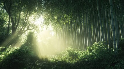Obraz premium Ethereal Sunlight Streaming Through a Tranquil Bamboo Forest Canopy