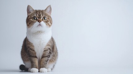 Fototapeta premium Exotic Shorthair cat is sitting on a white background. Looking forward. The cat's eyes are wide open, giving it a curious and alert appearance . Copy space . 