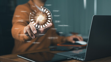 AI-powered translation system concept, multilingual language translation technology, using auto...