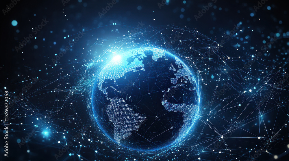Poster abstract digital blue earth with global network connections and data transfer in space on a dark bac