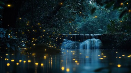 Obraz premium Enchanted evening, Fireflies illuminate a waterfall in a serene forest