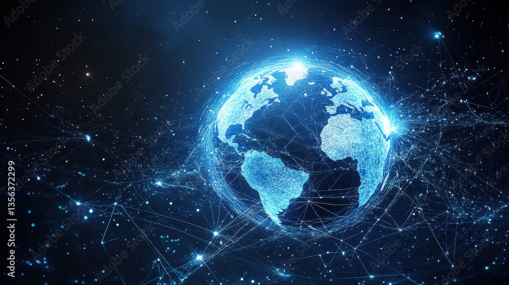 Poster abstract digital blue earth with global network connections and data transfer in space on a dark bac