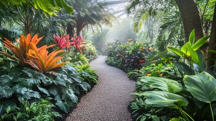 Obraz premium Enchanting botanical garden path with vibrant tropical flora and soft mist