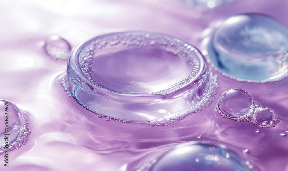 Poster close-up of translucent bubbles in soft purple liquid background with reflections