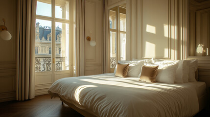  Elegant Parisian Hotel Bedroom with Plush Bedding and Classic Balcony Overlooking Historic Paris Architecture