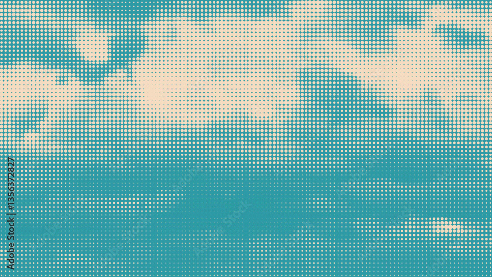 Poster Color halftone texture of blue sky with clouds. Abstract cloud pattern vector dotted pixel texture background with copy space. Vintage cloudy sky 