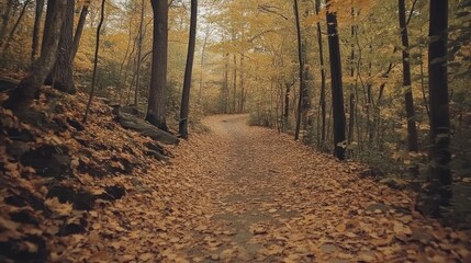 Obraz premium Golden path through autumnal woods covered with colorful fallen foliage