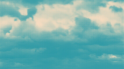 Color halftone texture of blue sky with clouds. Abstract cloud pattern vector dotted pixel texture background with copy space. Vintage cloudy sky 