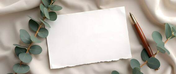 Elegant wedding invitation embroidered on soft fabric with flowers in the background