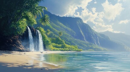 Fototapeta premium Serene paradise cascade at tropical beach coastline scenery