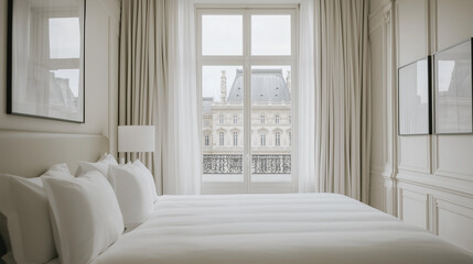 Bright and Minimalist Paris Hotel Suite with White Bedding and Louvre View Through French Windows