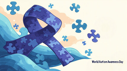 world autism awareness day banner with blue ribbon – symbol of support, neurodiversity, and inclusion, ideal for campaigns, social media, and educational materials	
