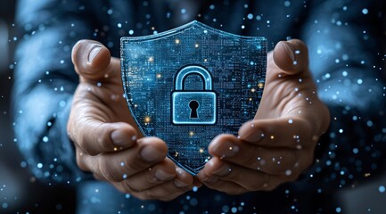 Cybersecurity and Digital Safety Represented by Hands Holding a Glowing Shield Icon Highlighting Advanced Data Protection Encryption Methods and Cutting-Edge Security Measures Perfect for Modern Busin