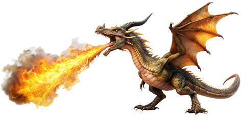 a dragon breathing fire isolated on white background PNG , AI GENERATED