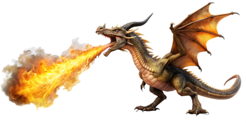 a dragon breathing fire isolated on white background PNG , AI GENERATED