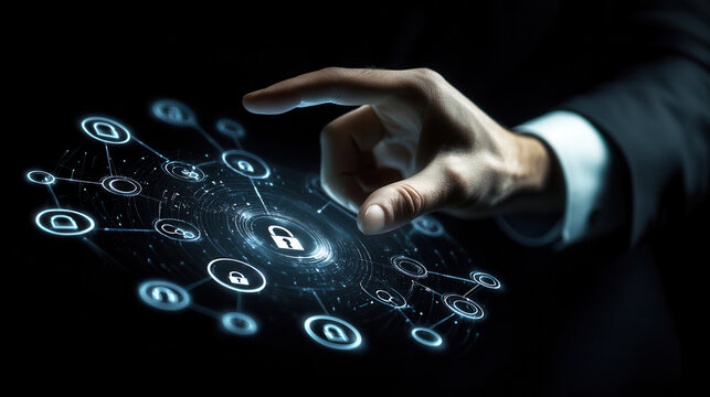 Businessman touching a digital security circle with icons on a virtual screen, a business technology concept background for online or mobile services and applications