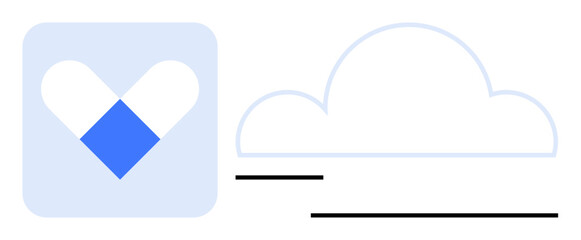 Cloud outline with a heart-shaped logo and abstract data lines. Ideal for technology, security, storage, health tech, apps, innovation, connectivity. Flat simple metaphor
