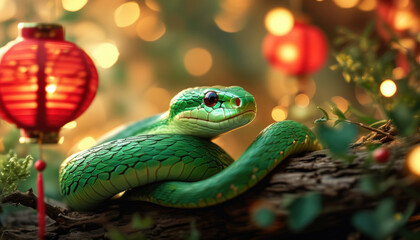 Fototapeta premium Celebrating the year of the green wooden snake with lanterns and festive lights