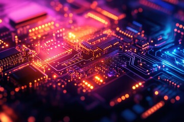 Obraz premium An abstract close-up of a vibrant electronic circuit board illuminated in neon colors at night