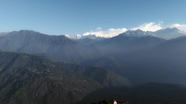 Drone shot 4k. Aerial view of the sunny day in Pelling, Sikkim. Northern India. Indian Mountain. D Log Footage. Kanchenjunga view, world's third highest peak. Kabru, Rathong & Pandim.
