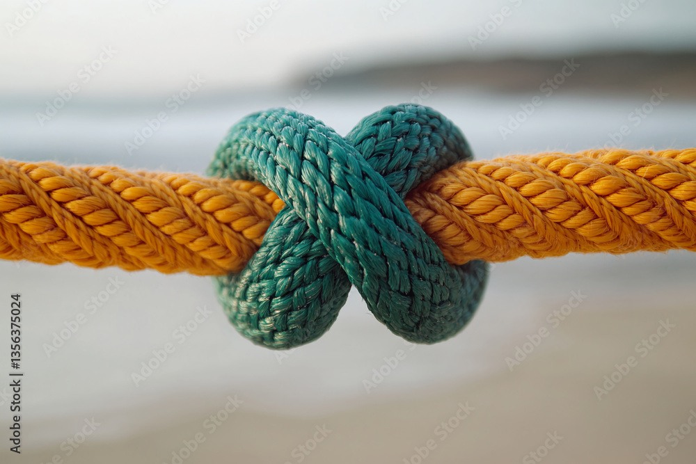 Poster close-up of teal and yellow rope knot, textured weave, against blurred ocean background symbolizing 