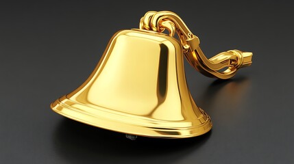 Shiny gold bell with ornate handle on dark background.