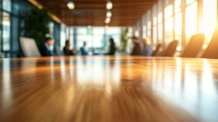 Close-up of polished wood table surface, reflecting light and blurred office background with people in meeting, showcasing a professional workspace concept