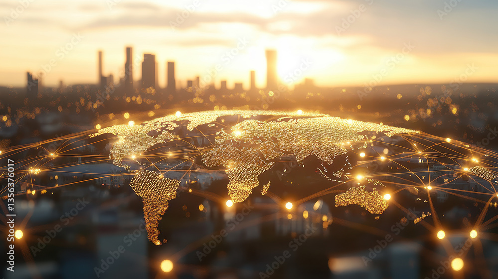 Poster a golden world map with glowing connections between different countries, representing global network