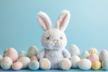 A plush bunny surrounded by decorative eggs, positioned against an airy pastel blue background.