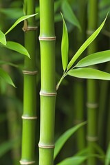 Obraz premium Close-up of vibrant green bamboo stalks with fresh leaves