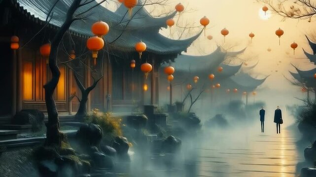 Ancient temples and red chinese lanterns, asian symbols, chinese tradition