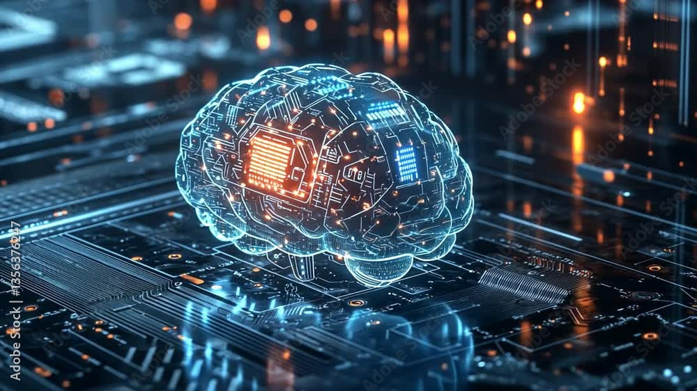 Poster digital brain on circuit board: a captivating digital rendering of a human brain, pulsating with ene