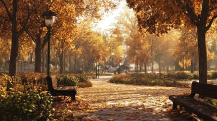 Golden hues in autumn park's embrace, serene walkway adorned with foliage