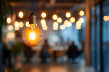 A warm light bulb hangs in the foreground, casting a cozy glow over a modern office where people engage in teamwork and discussions during daylight hours.