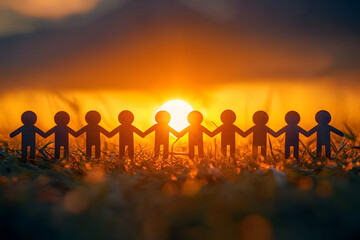 Fototapeta premium Paper figures are positioned in a row, holding hands as the sun sets in the background, creating a warm and inviting atmosphere that symbolizes togetherness and community.