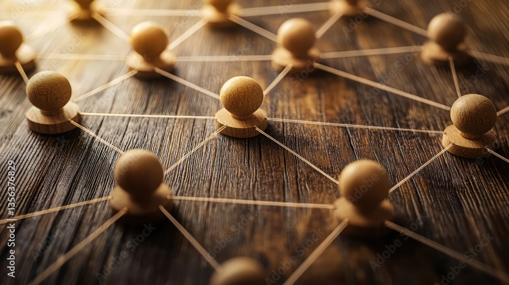 Poster a wooden table displaying various wooden pegs representing the concept of corporate networking strat